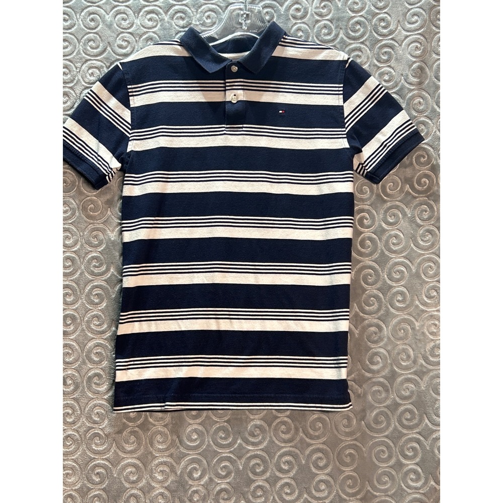 Tommy Hilfiger Boys Striped Polo‎ Shirt L (16/18) Navy Blue & White Casual